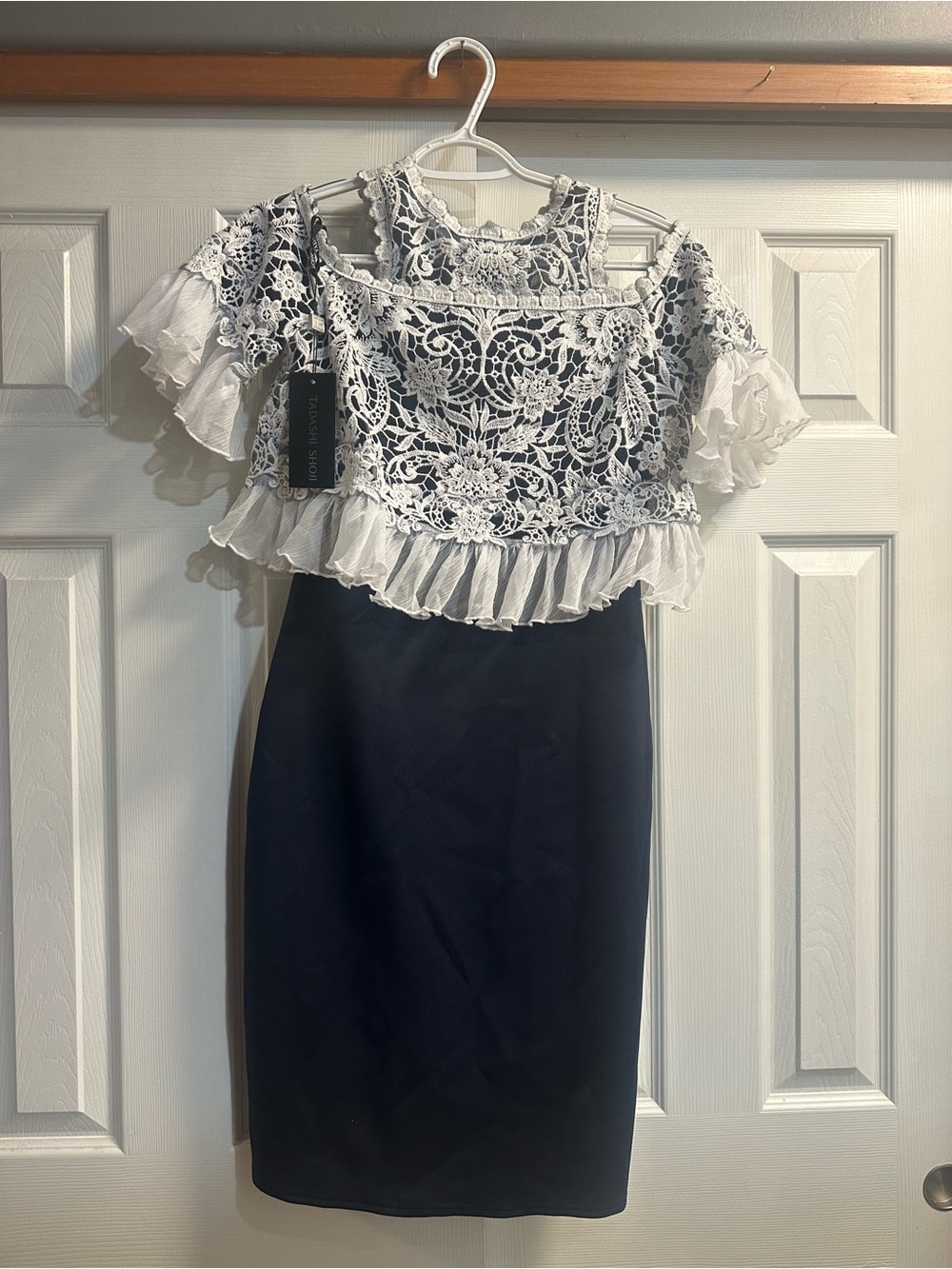Tadashi Shoji White Lace Crop Top with Black Midi Pencil Skirt